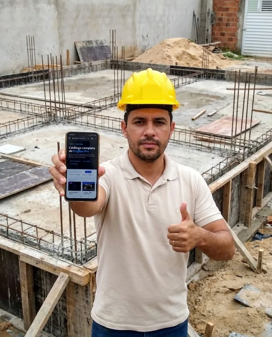 Cliente EngBox na fundação da própria casa consultando o app EngBox no celular
