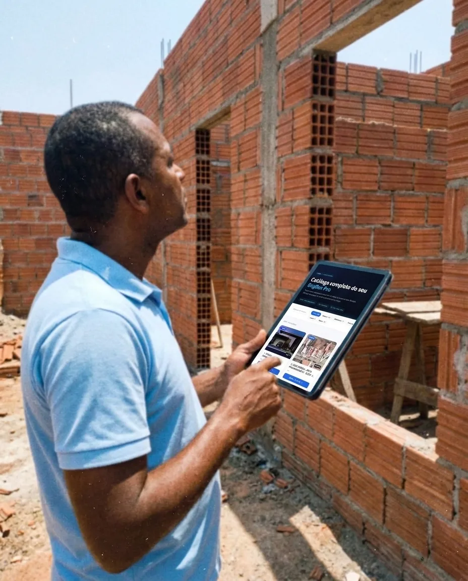 Cliente EngBox levantando a alvenaria da obra e conferindo o app no tablet