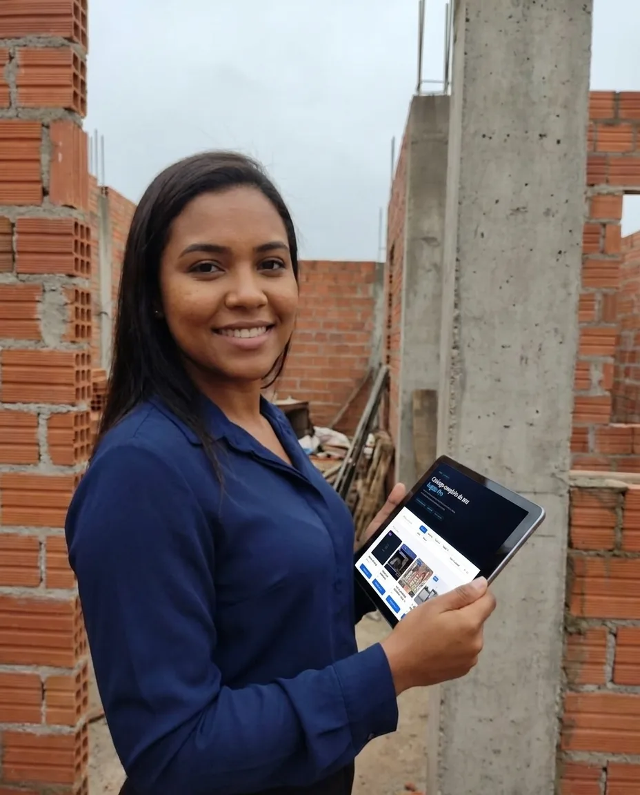 Cliente EngBox conferindo o catálogo do app EngBox no tablet durante a obra