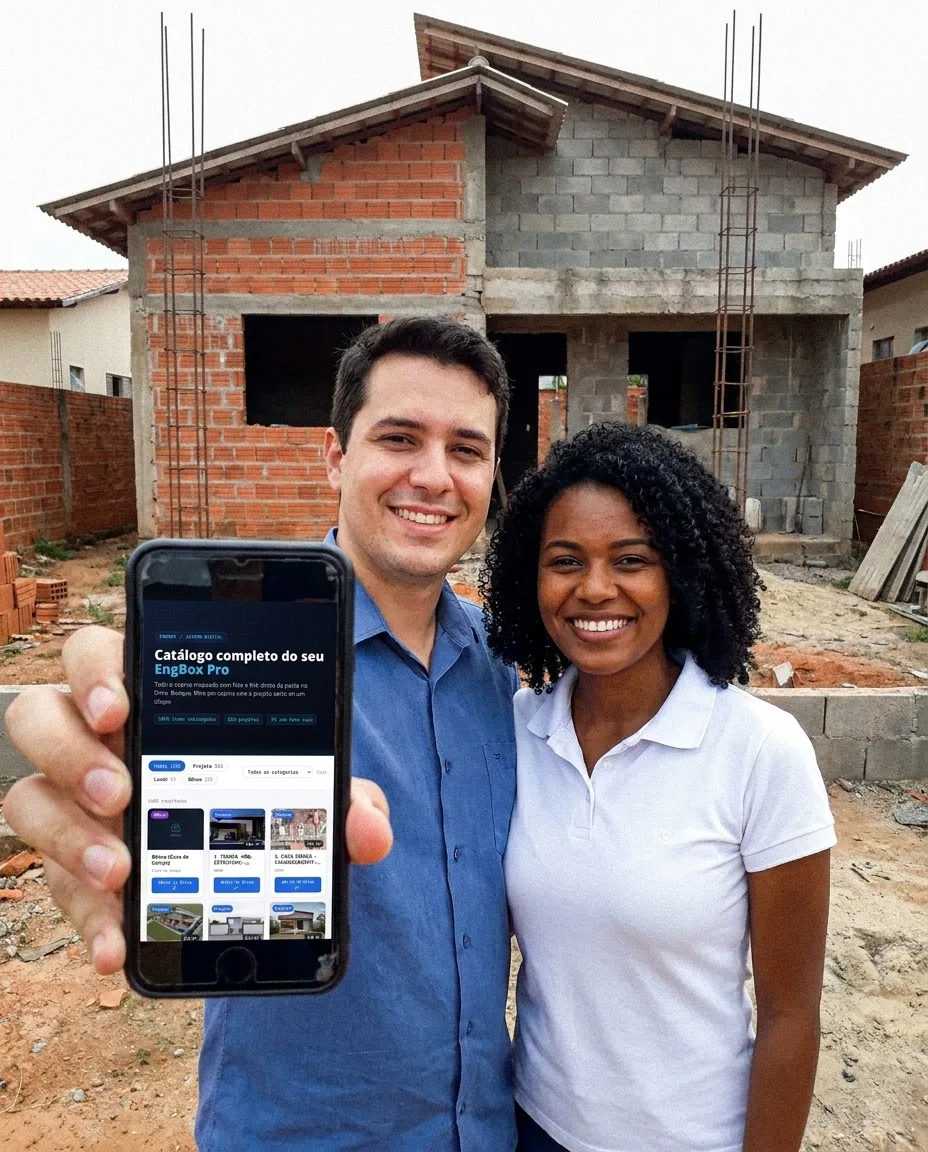 Casal cliente do EngBox em frente à casa em construção mostrando o app no celular